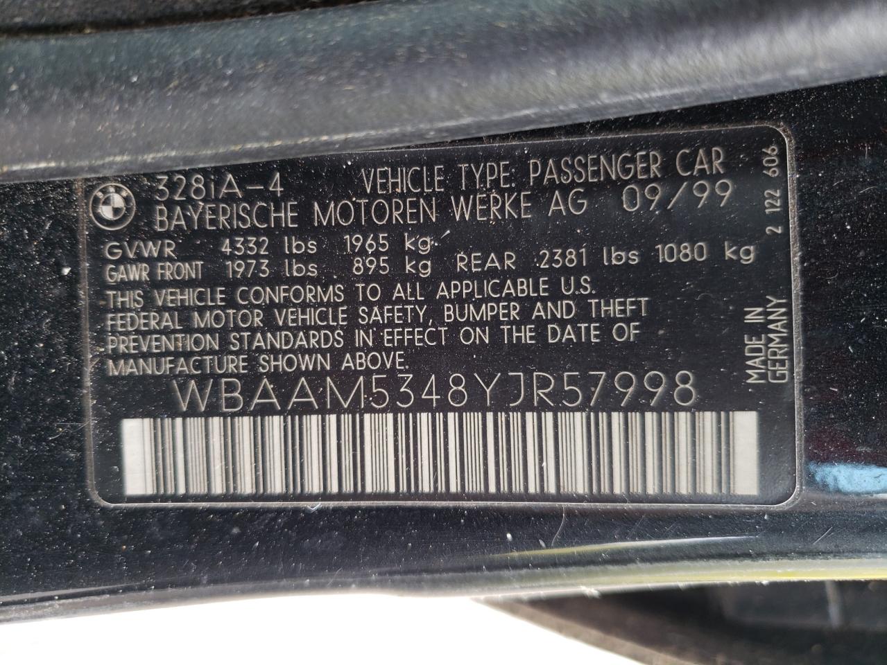Photo 10 from auction – 2000 BMW 328 I with VIN WBAAM5348YJR57998