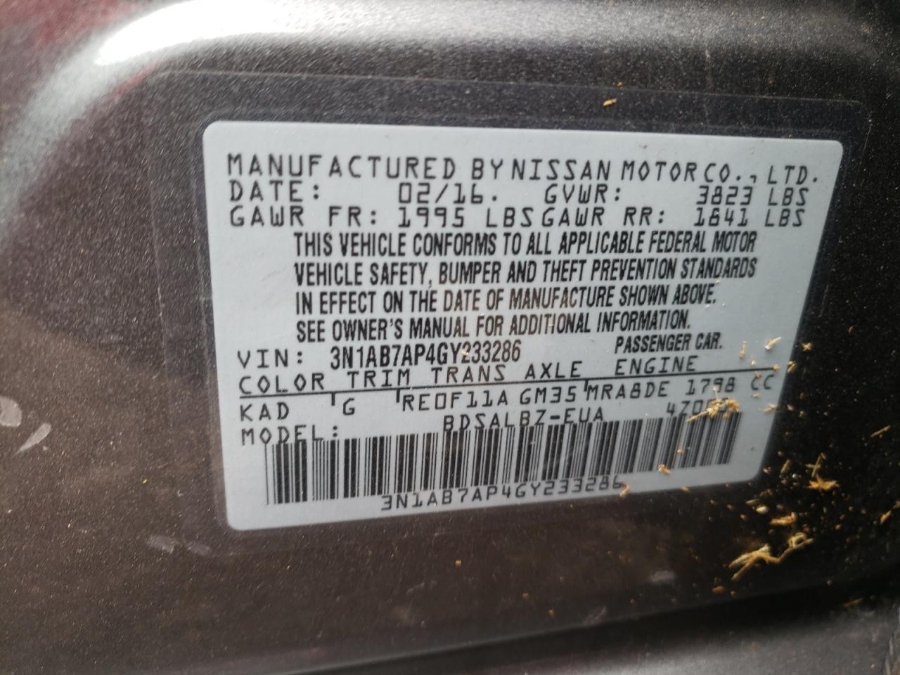 Photo 10 from auction – 2016 NISSAN SENTRA S with VIN 3N1AB7AP4GY233286