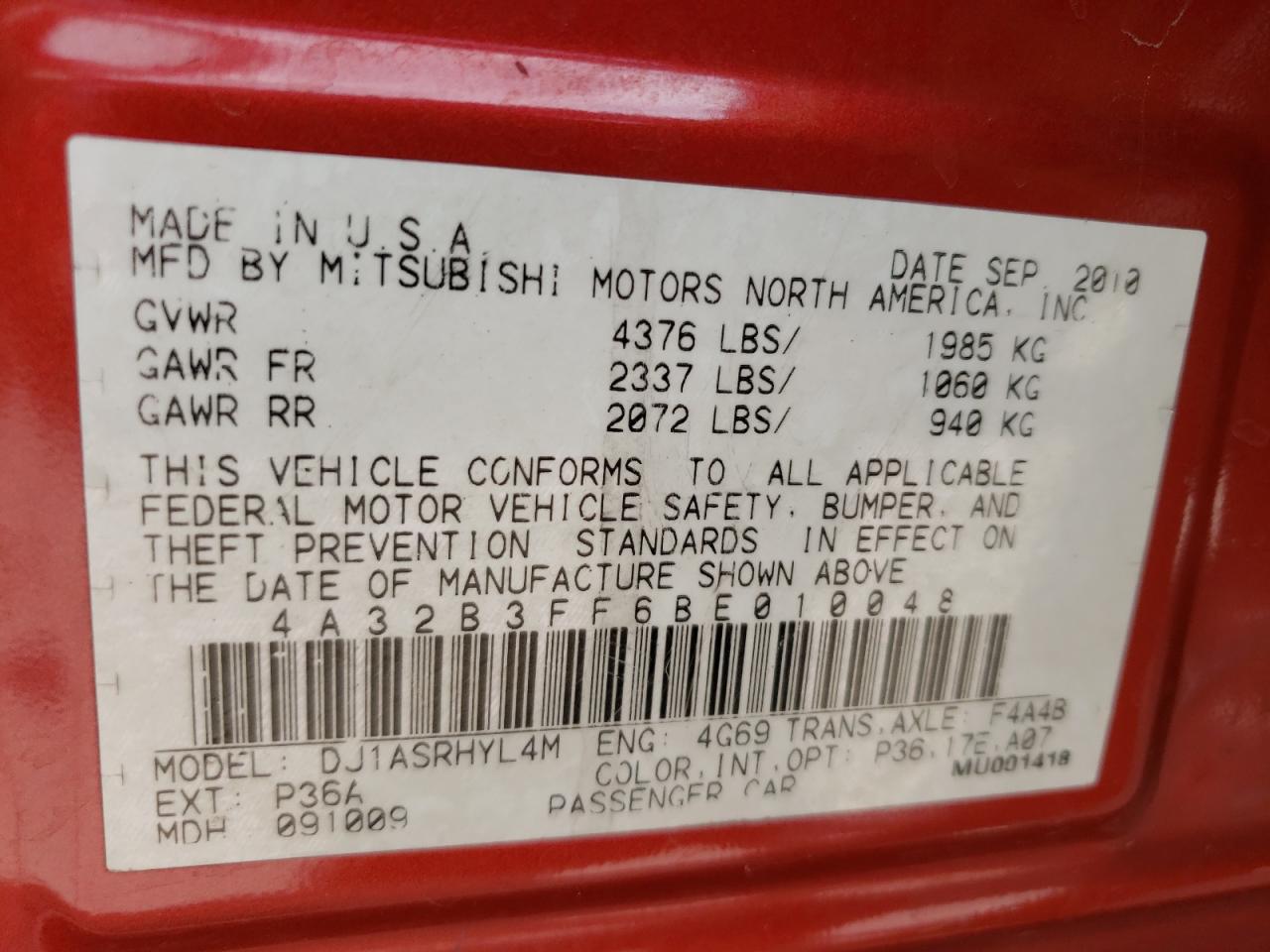 Photo 10 from auction – 2011 MITSUBISHI GALANT ES with VIN 4A32B3FF6BE010048