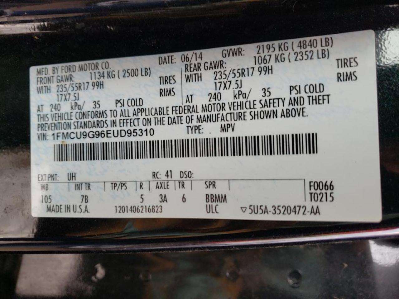 Photo 10 from auction – 2014 FORD ESCAPE SE with VIN 1FMCU9G96EUD95310