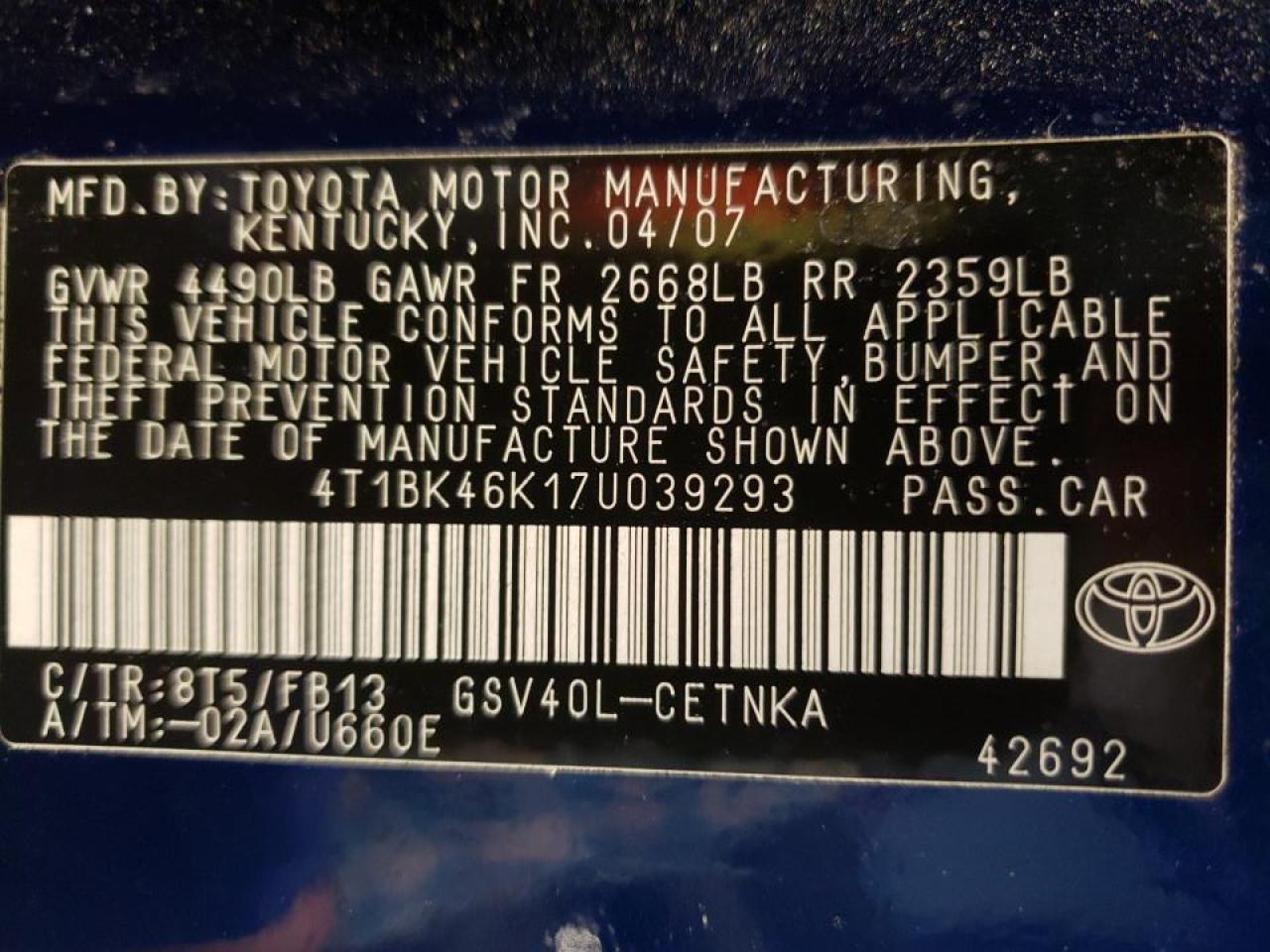 Photo 10 from auction – 2007 TOYOTA CAMRY with VIN 4T1BK46K17U039293