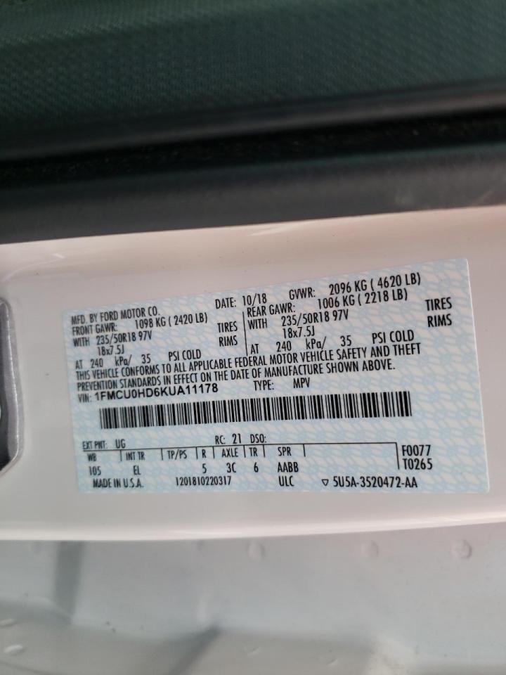Photo 10 from auction – 2019 FORD ESCAPE SEL with VIN 1FMCU0HD6KUA11178