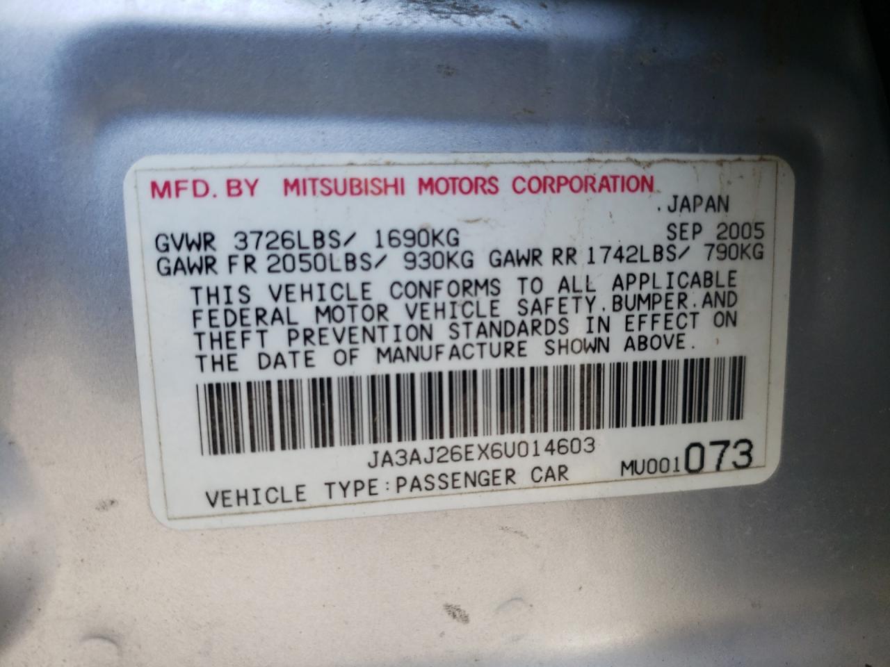 Photo 10 from auction – 2006 MITSUBISHI LANCER ES with VIN JA3AJ26EX6U014603