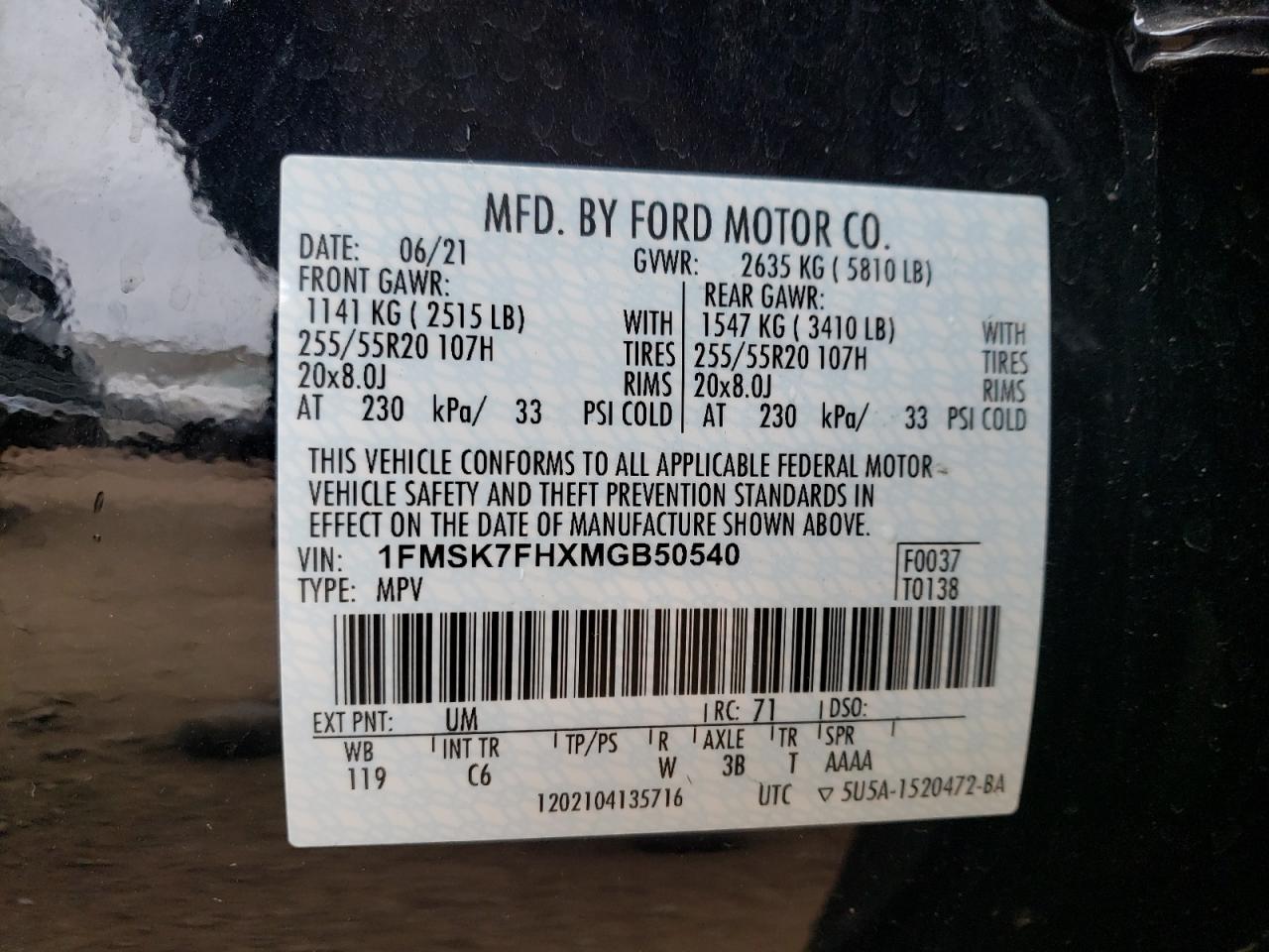 Photo 10 from auction – 2021 FORD EXPLORER L with VIN 1FMSK7FHXMGB50540