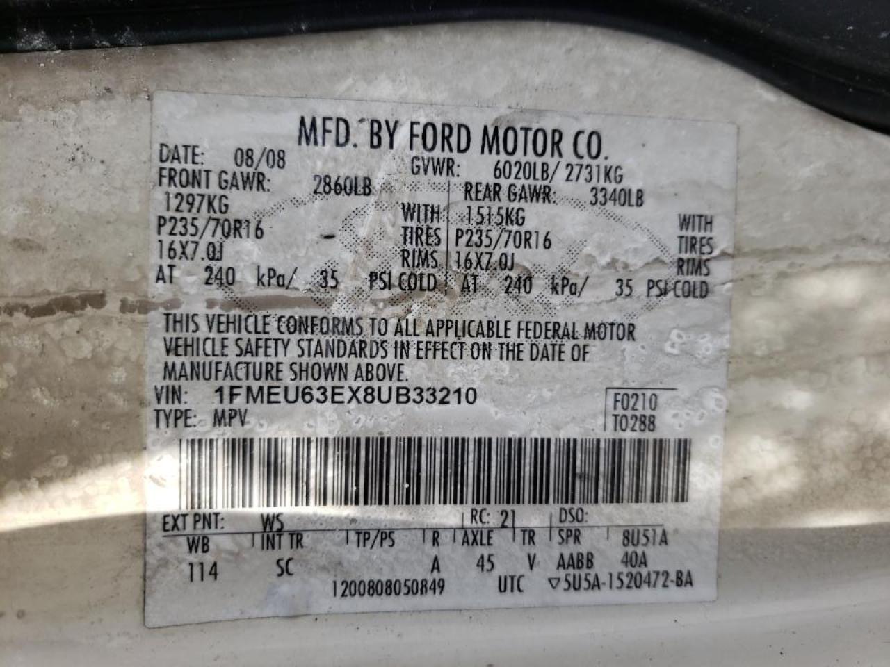 Photo 10 from auction – 2008 FORD EXPLORER X with VIN 1FMEU63EX8UB33210