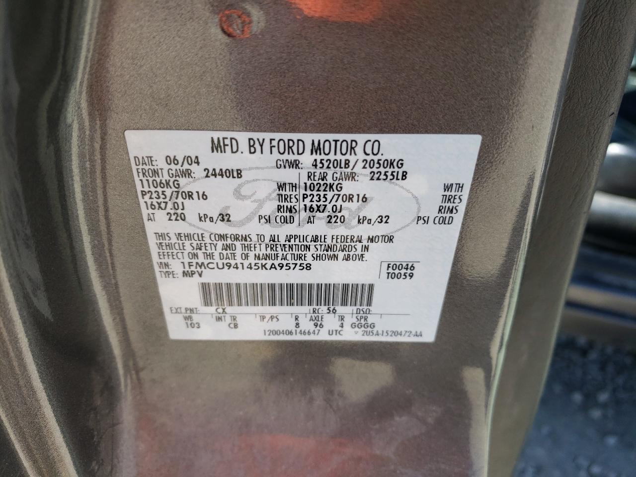 Photo 10 from auction – 2005 FORD ESCAPE LIM with VIN 1FMCU94145KA95758