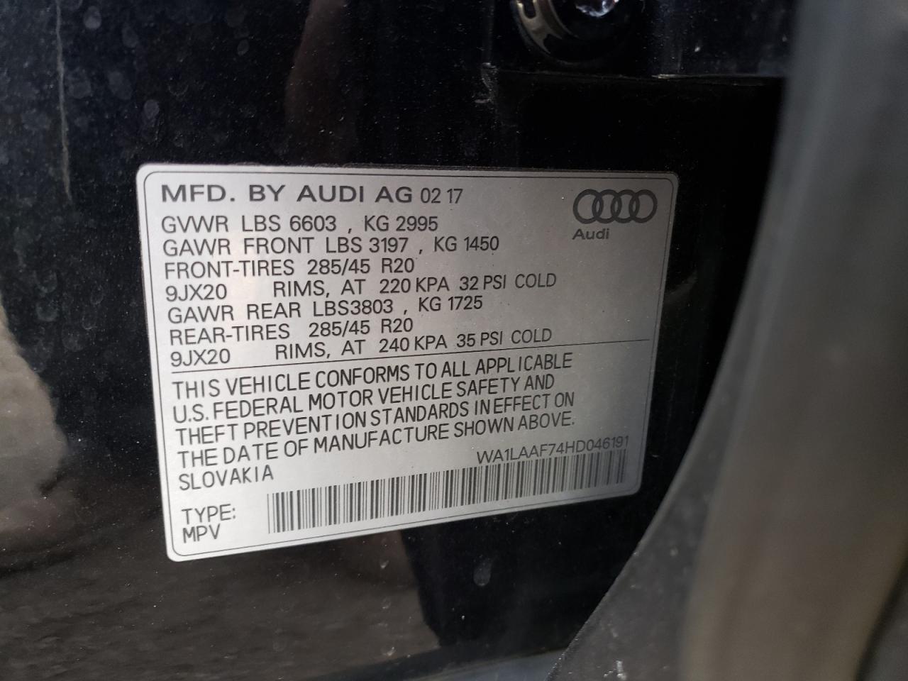 Photo 10 from auction – 2017 AUDI Q7 PREMIUM with VIN WA1LAAF74HD046191