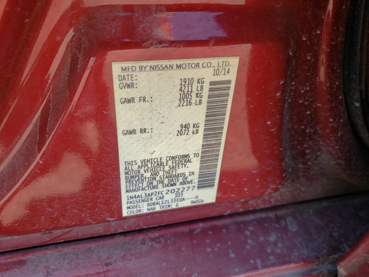 Photo 10 from auction – 2015 NISSAN ALTIMA 2.5 with VIN 1N4AL3AP2FC202277