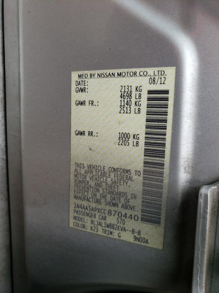 Photo 10 from auction – 2012 NISSAN MAXIMA S with VIN 1N4AA5APXCC870440