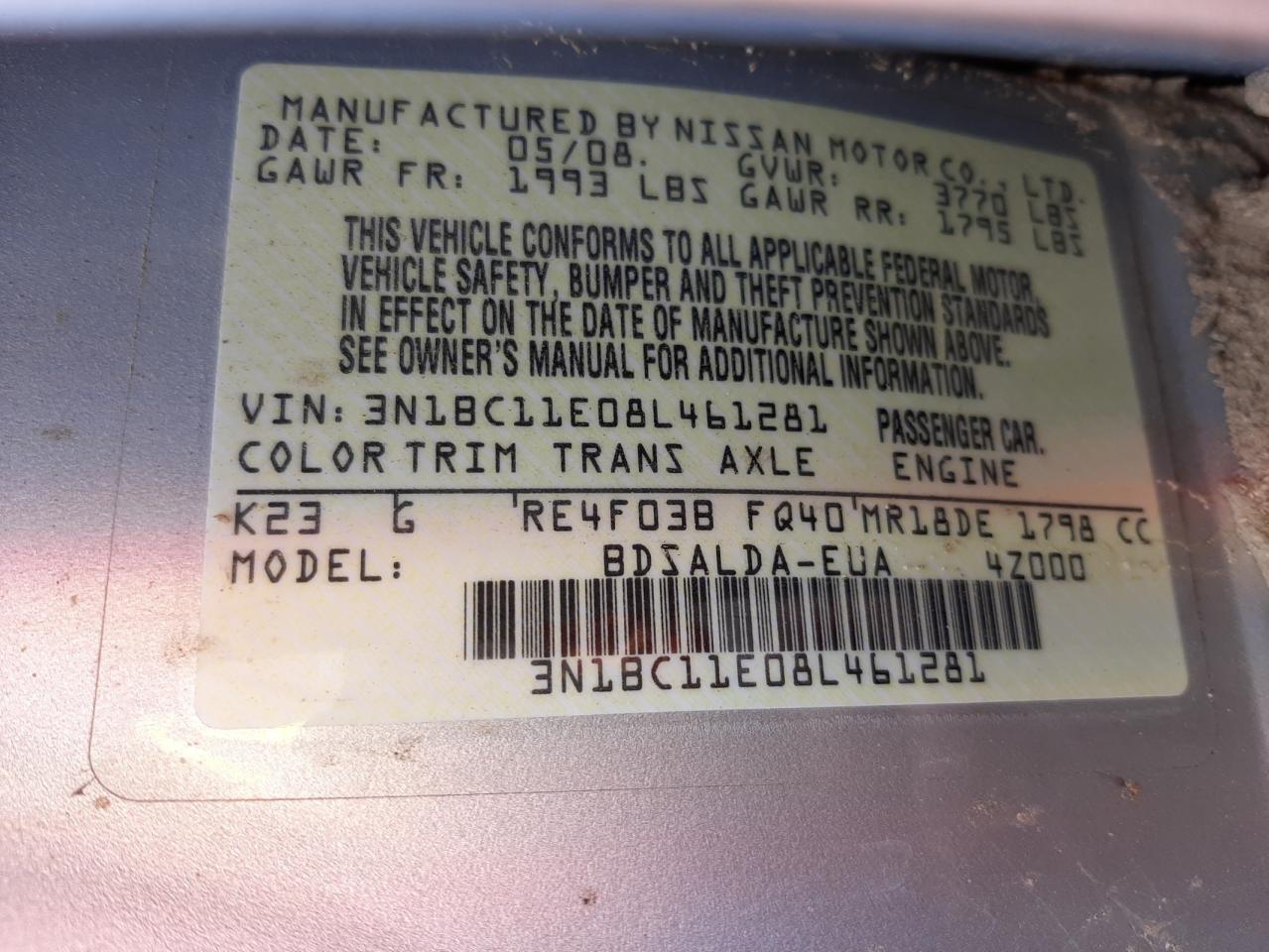 Photo 10 from auction – 2008 NISSAN VERSA S with VIN 3N1BC11E08L461281
