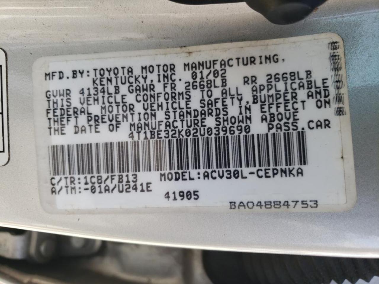 Photo 10 from auction – 2002 TOYOTA CAMRY LE with VIN 4T1BE32K02U039690