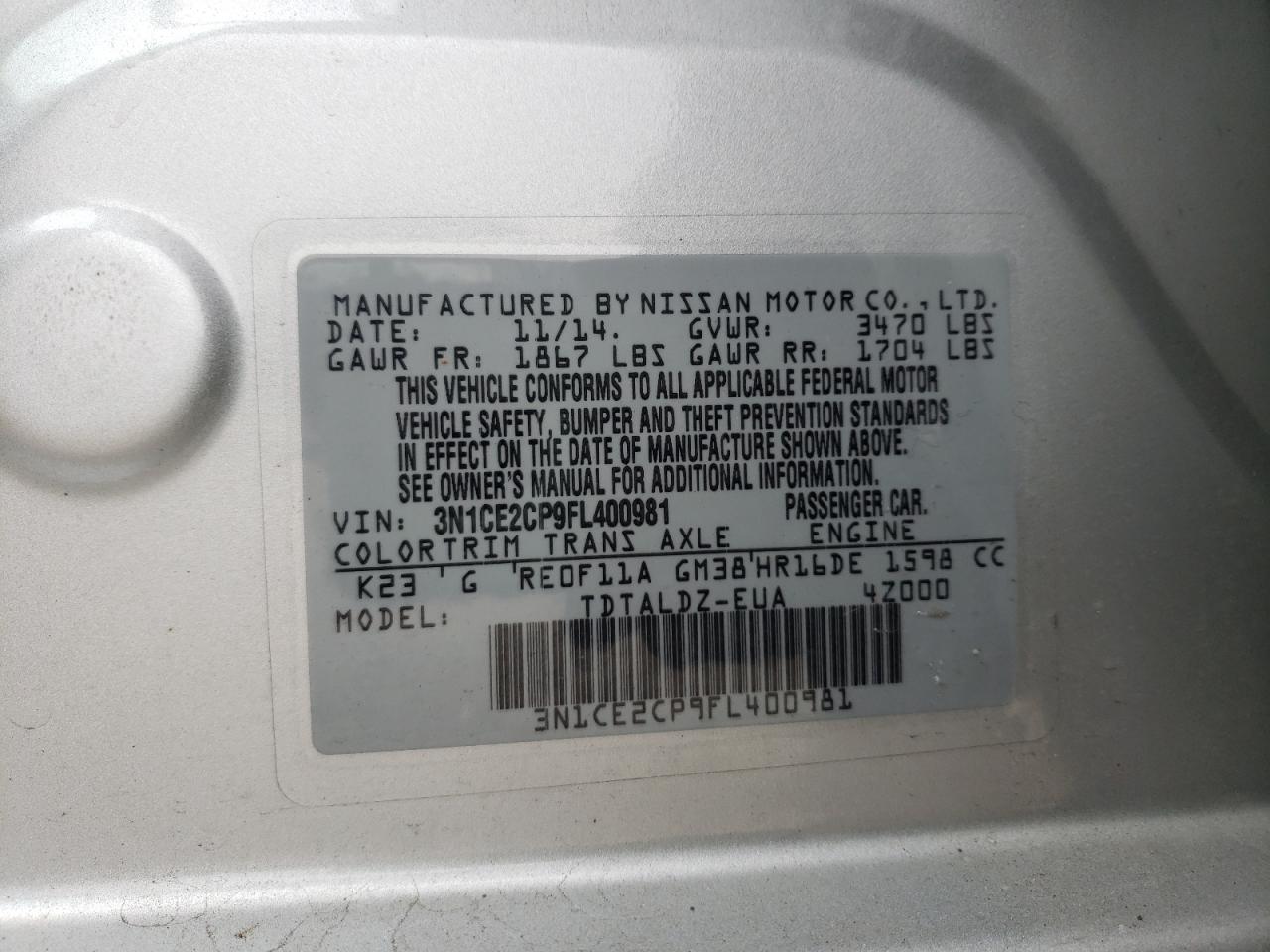 Photo 10 from auction – 2015 NISSAN VERSA NOTE with VIN 3N1CE2CP9FL400981