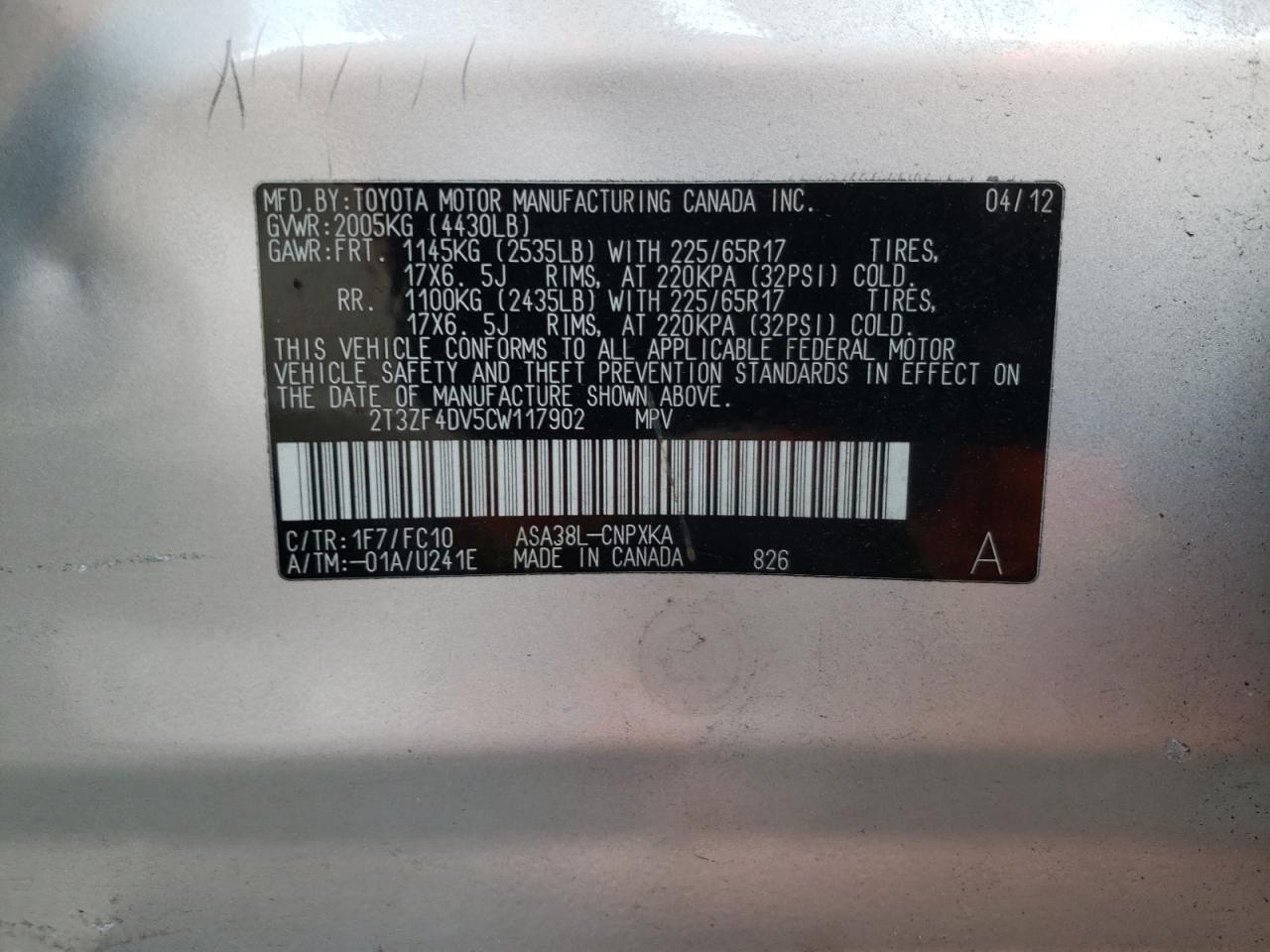 Photo 10 from auction – 2012 TOYOTA RAV4 with VIN 2T3ZF4DV5CW117902