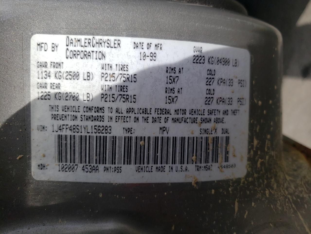 Zdjęcie 10 z aukcji – 2000 JEEP CHEROKEE S z VIN 1J4FF48S1YL156283