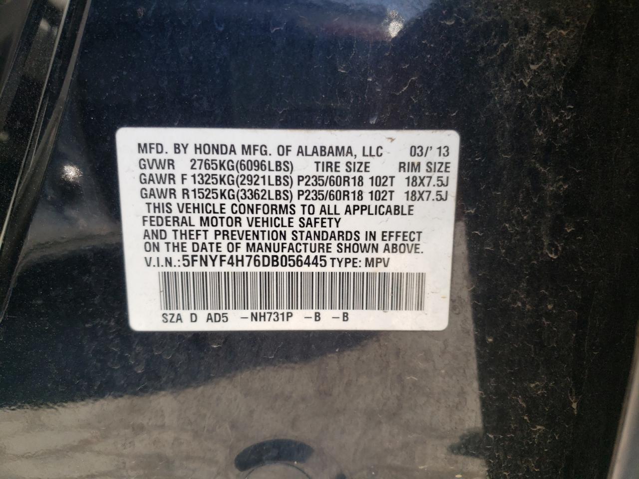 Foto 10 de la subasta – 2013 HONDA PILOT EXLN con VIN 5FNYF4H76DB056445