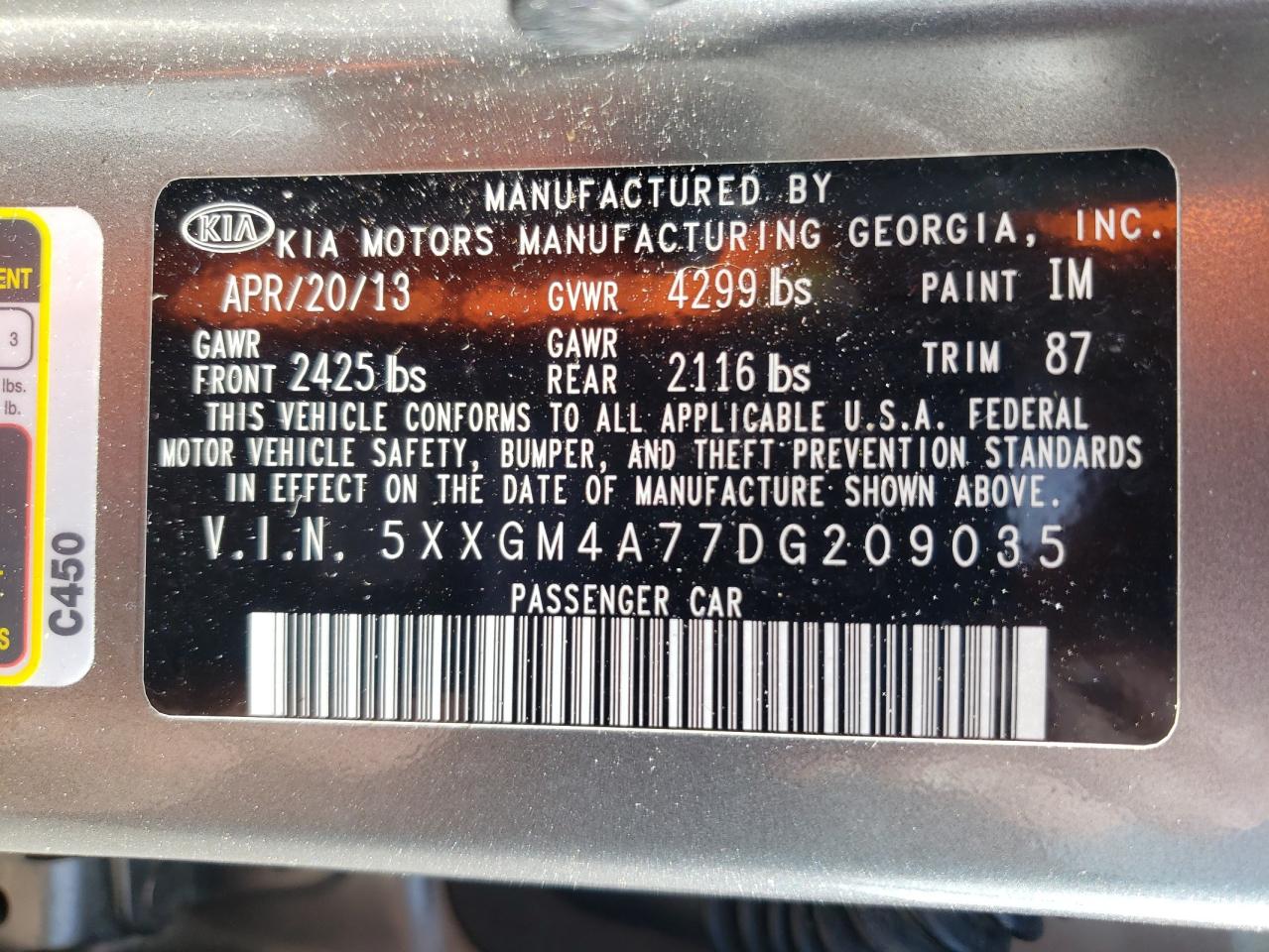 Photo 10 from auction – 2013 KIA OPTIMA LX with VIN 5XXGM4A77DG209035