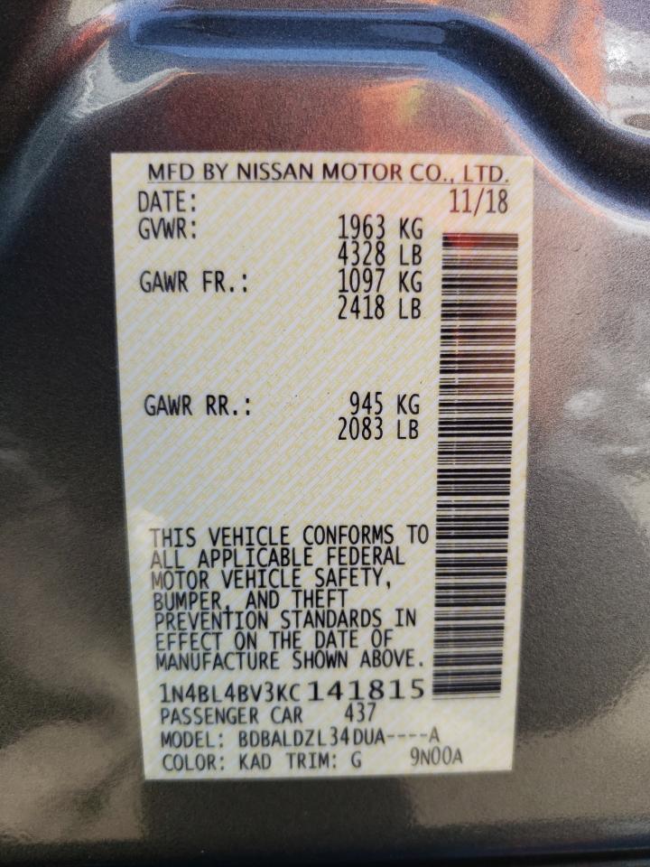 Photo 10 from auction – 2019 NISSAN ALTIMA S with VIN 1N4BL4BV3KC141815