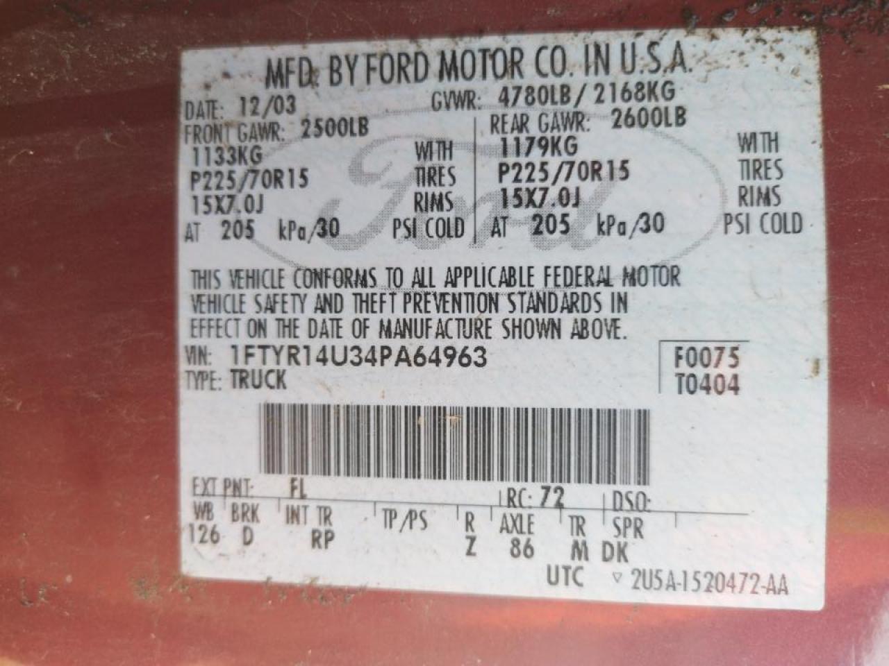 Photo 10 from auction – 2004 FORD RANGER SUP with VIN 1FTYR14U34PA64963