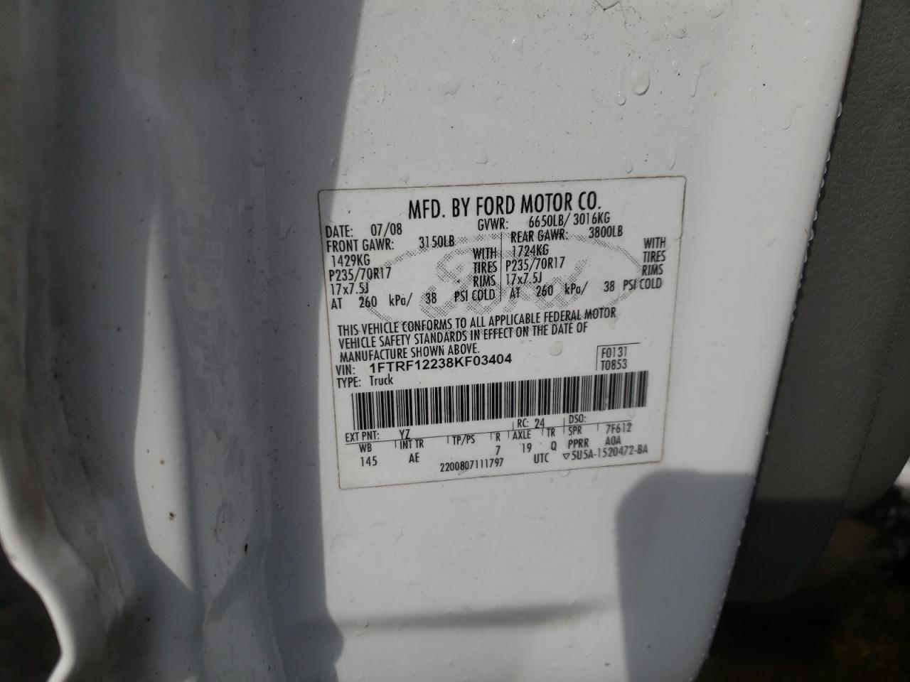 Photo 10 from auction – 2008 FORD F150 with VIN 1FTRF12238KF03404