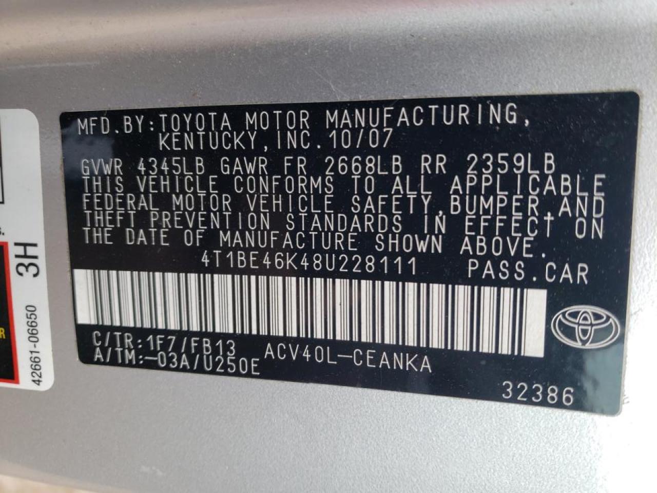 Photo 10 from auction – 2008 TOYOTA CAMRY CE with VIN 4T1BE46K48U228111
