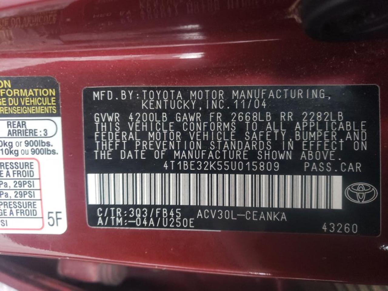 Photo 10 from auction – 2005 TOYOTA CAMRY LE with VIN 4T1BE32K55U015809