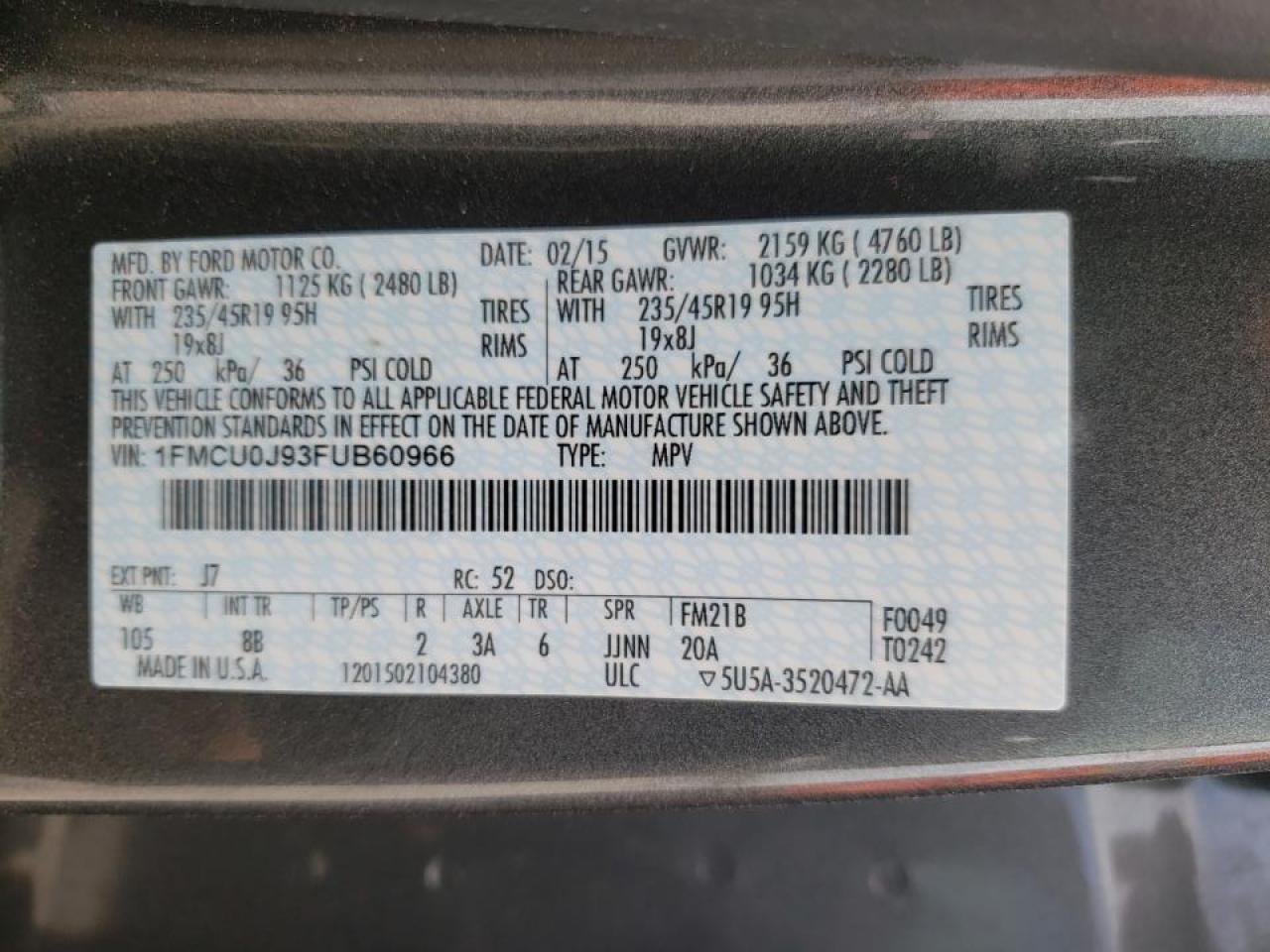 Photo 10 from auction – 2015 FORD ESCAPE TIT with VIN 1FMCU0J93FUB60966