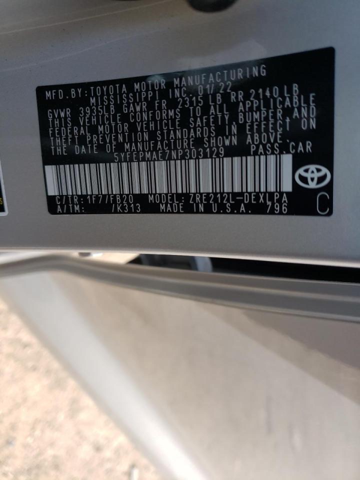 Photo 10 from auction – 2022 TOYOTA COROLLA LE with VIN 5YFEPMAE7NP303129