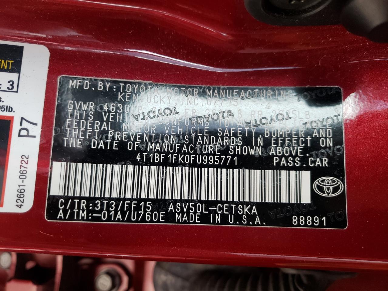 Photo 10 from auction – 2015 TOYOTA CAMRY LE with VIN 4T1BF1FK0FU995771