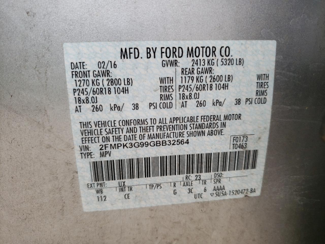 Photo 10 from auction – 2016 FORD EDGE SE with VIN 2FMPK3G99GBB32564