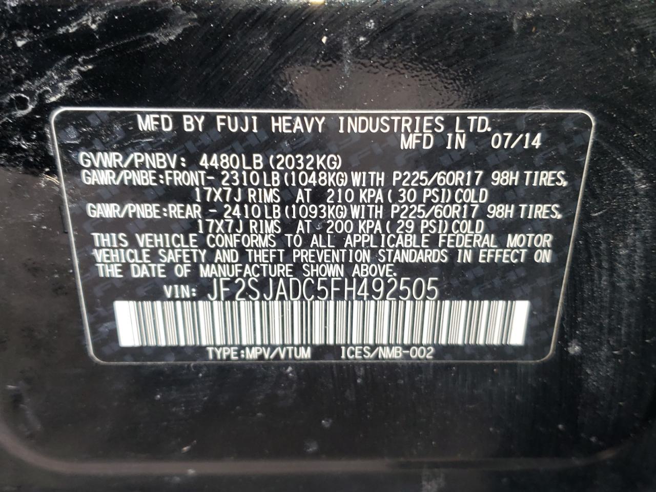 Photo 10 from auction – 2015 SUBARU FORESTER 2 with VIN JF2SJADC5FH492505