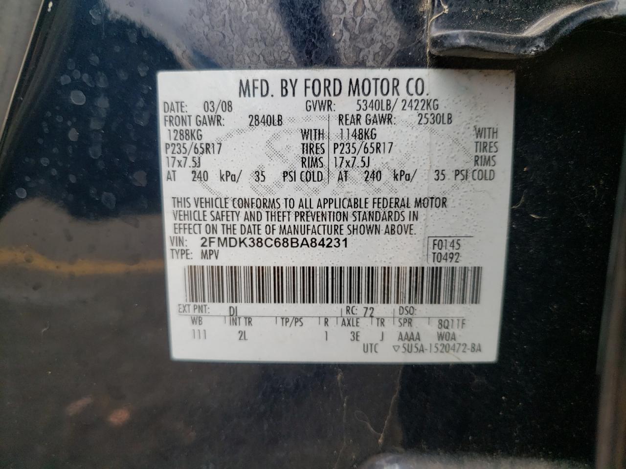 Photo 10 from auction – 2008 FORD EDGE SEL with VIN 2FMDK38C68BA84231
