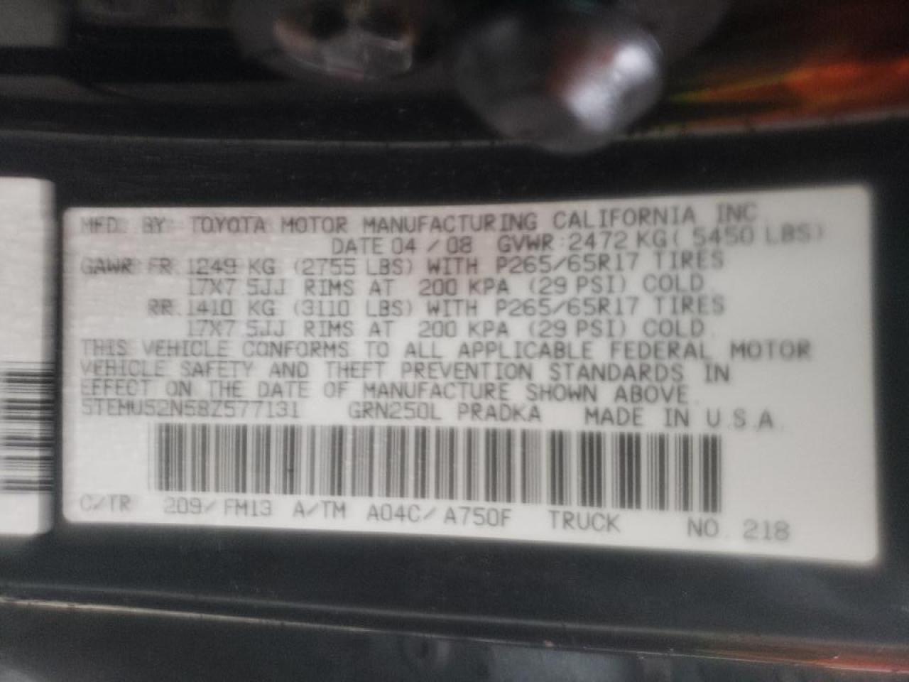 Photo 10 from auction – 2008 TOYOTA TACOMA DOU with VIN 5TEMU52N58Z577131