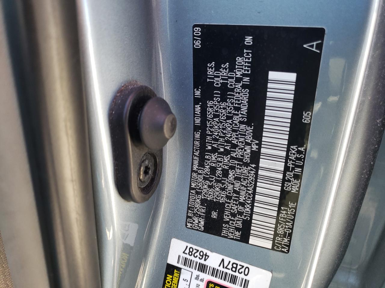 Photo 10 from auction – 2010 TOYOTA SIENNA CE with VIN 5TDKK4CC4AS299474