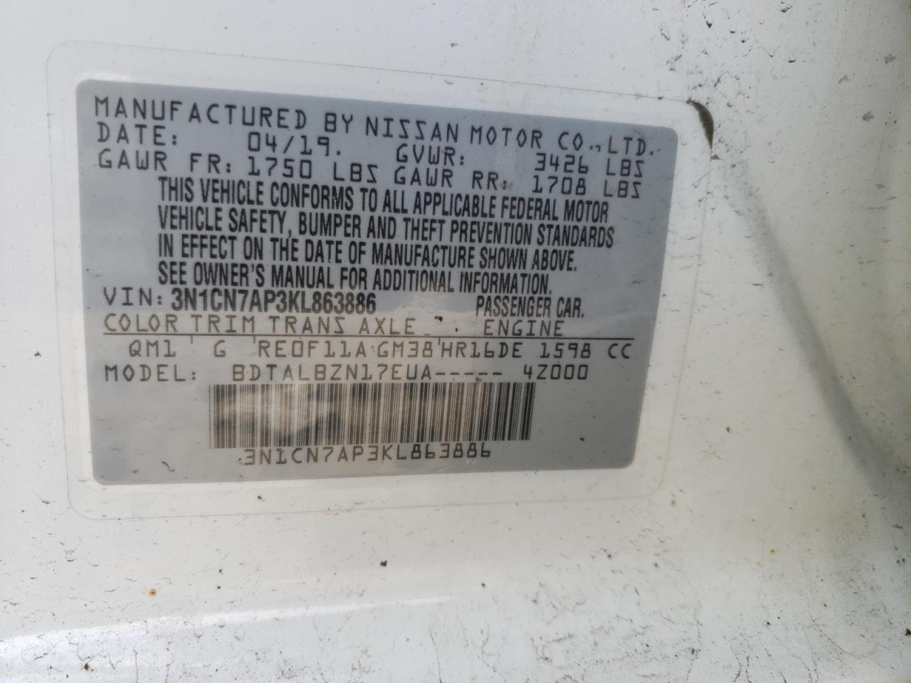 Photo 10 from auction – 2019 NISSAN VERSA S with VIN 3N1CN7AP3KL863886