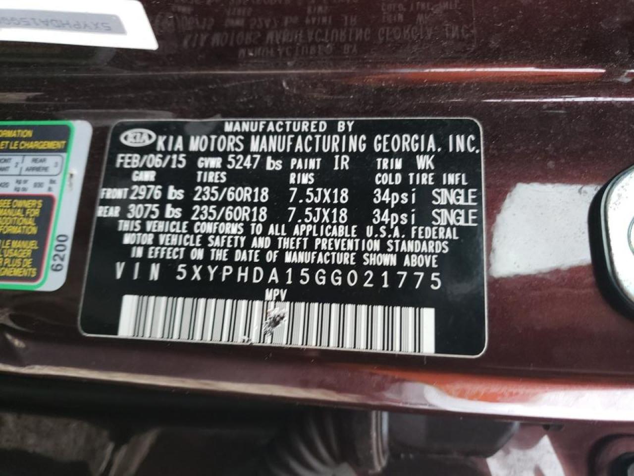 Photo 10 from auction – 2016 KIA SORENTO EX with VIN 5XYPHDA15GG021775
