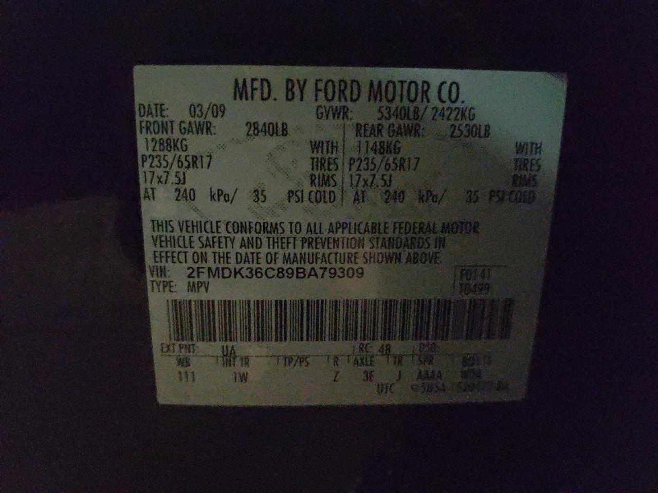 Photo 10 from auction – 2009 FORD EDGE SE with VIN 2FMDK36C89BA79309