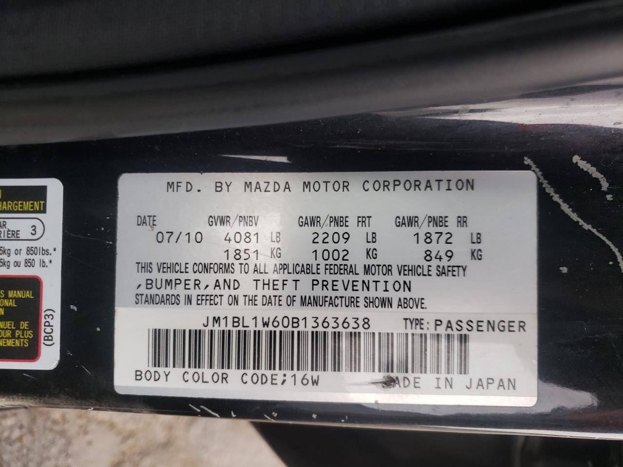 Photo 10 from auction – 2011 MAZDA 3 S with VIN JM1BL1W60B1363638