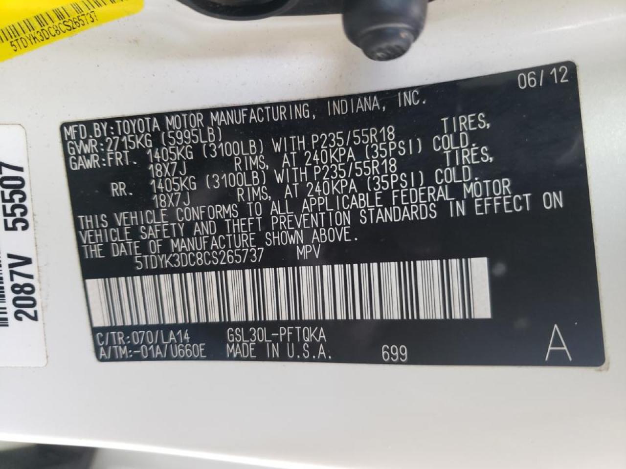Photo 10 from auction – 2012 TOYOTA SIENNA XLE with VIN 5TDYK3DC8CS265737