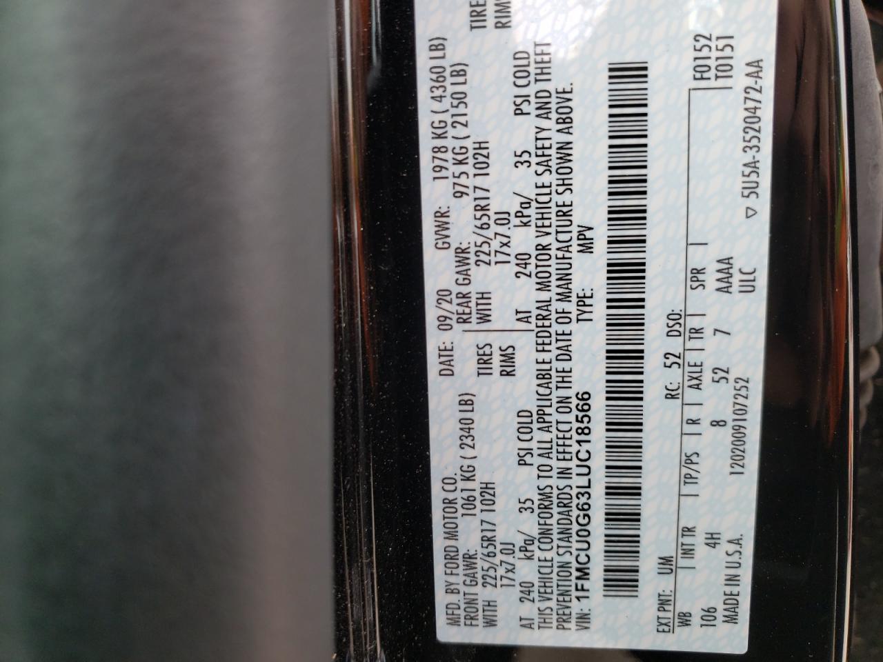 Photo 10 from auction – 2020 FORD ESCAPE SE with VIN 1FMCU0G63LUC18566