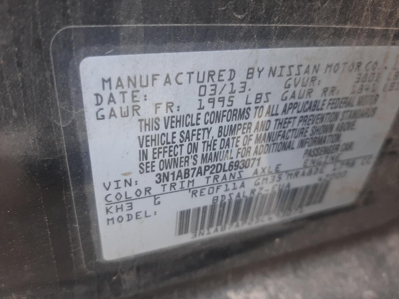 Photo 10 from auction – 2013 NISSAN SENTRA S with VIN 3N1AB7AP2DL693071
