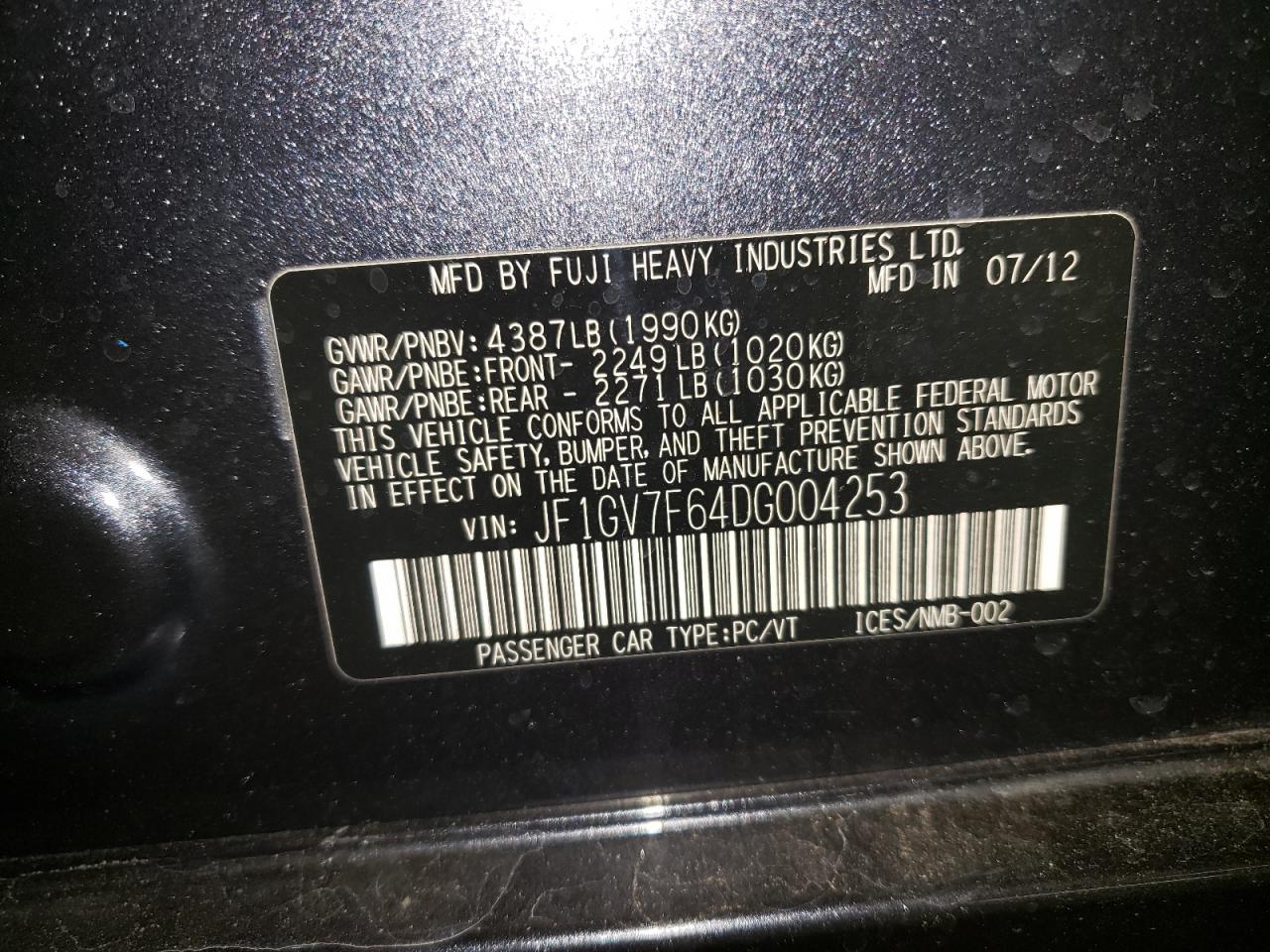 Photo 10 from auction – 2013 SUBARU IMPREZA WR with VIN JF1GV7F64DG004253