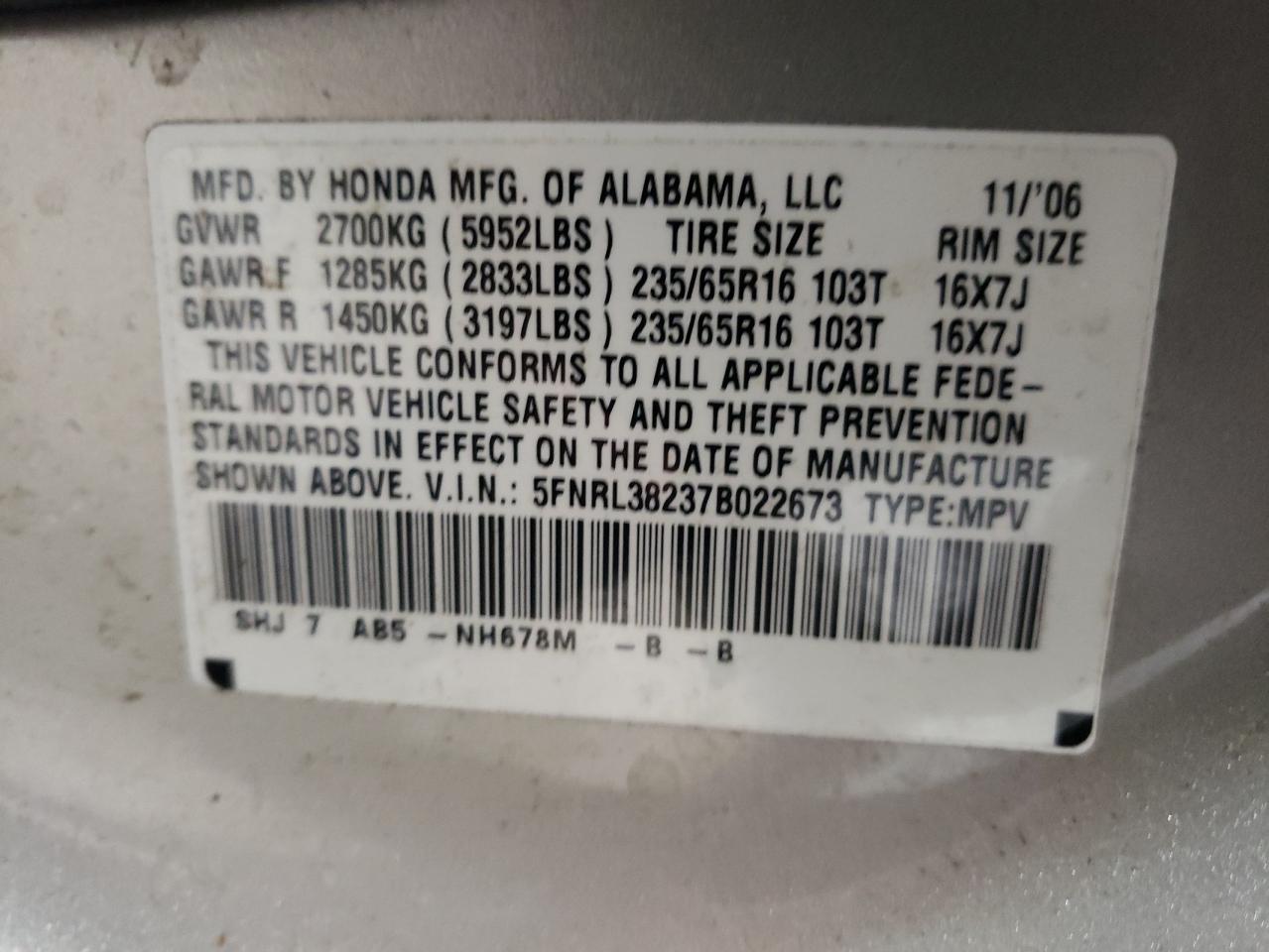 Photo 10 from auction – 2007 HONDA ODYSSEY LX with VIN 5FNRL38237B022673