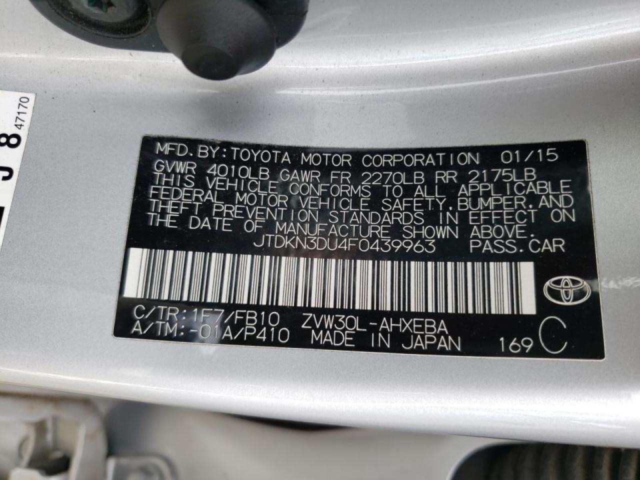 Photo 10 from auction – 2015 TOYOTA PRIUS with VIN JTDKN3DU4F0439963