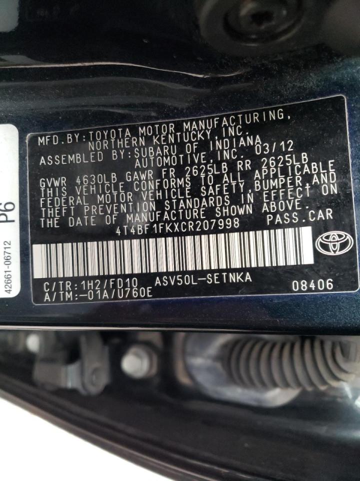 Photo 10 from auction – 2012 TOYOTA CAMRY BASE with VIN 4T4BF1FKXCR207998