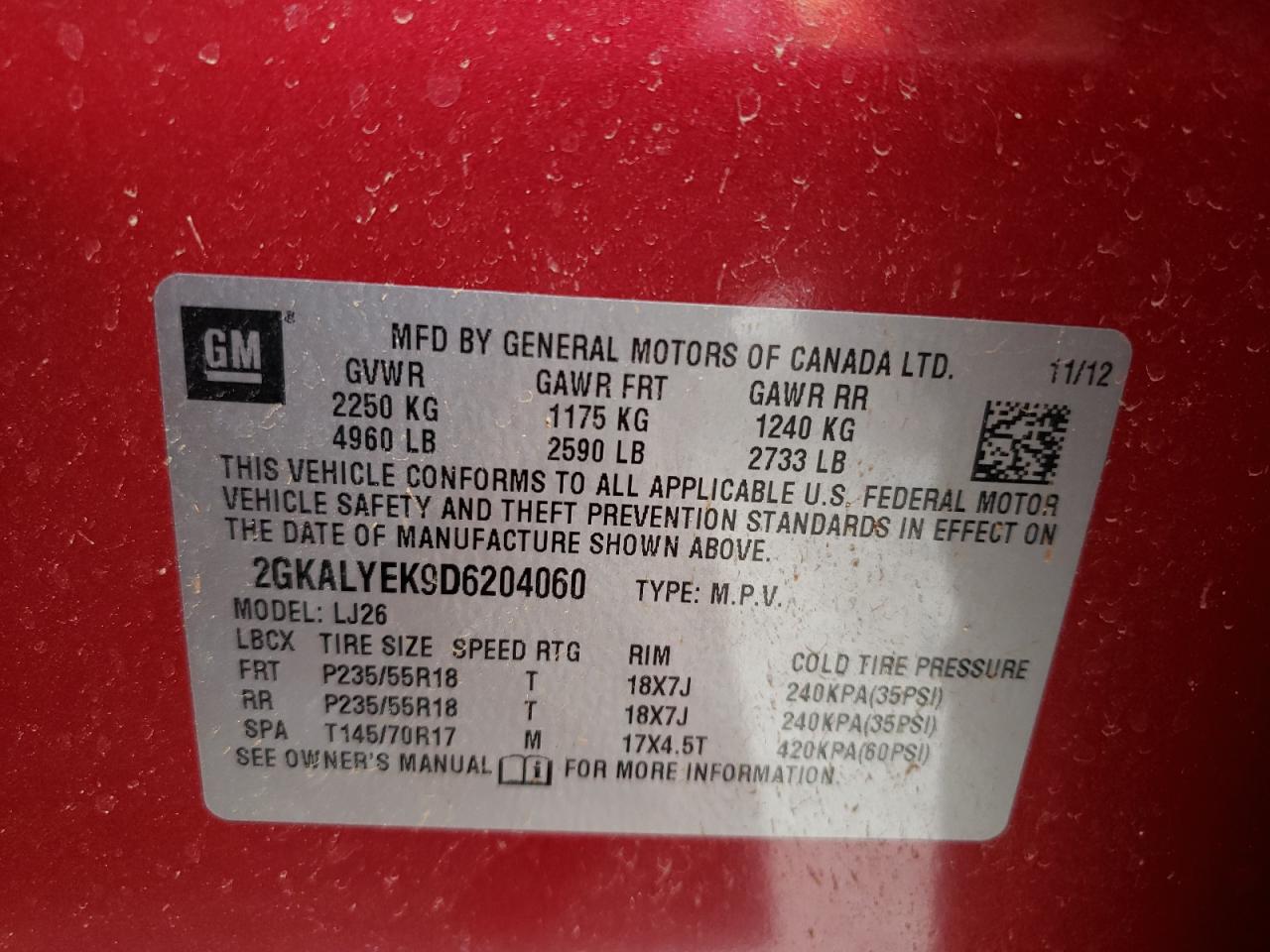 Photo 10 from auction – 2013 GMC TERRAIN DE with VIN 2GKALYEK9D6204060