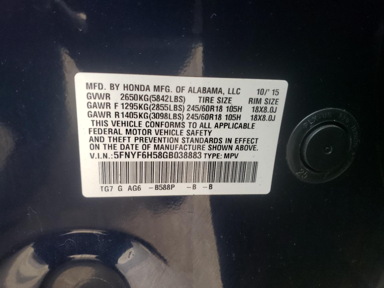 Photo 10 from auction – 2016 HONDA PILOT EXL with VIN 5FNYF6H58GB038883