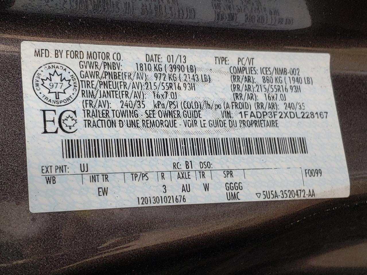 Photo 10 from auction – 2013 FORD FOCUS SE with VIN 1FADP3F2XDL228167