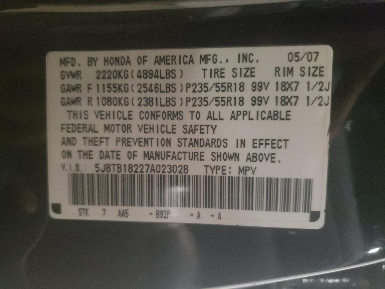 Photo 10 from auction – 2007 ACURA RDX with VIN 5J8TB18227A023028