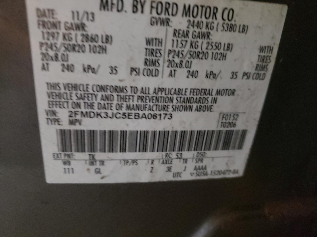 Photo 10 from auction – 2014 FORD EDGE SEL with VIN 2FMDK3JC5EBA06173