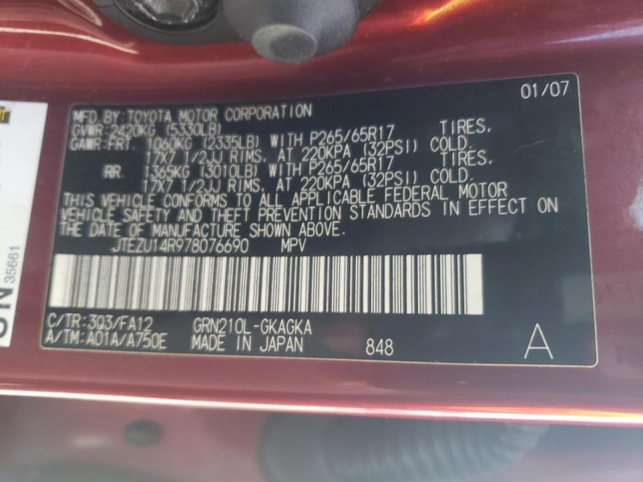 Photo 10 from auction – 2007 TOYOTA 4RUNNER SR with VIN JTEZU14R978076690